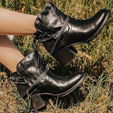 Close-up of Harlow western bootie wraparound lace-up detail and block heel construction