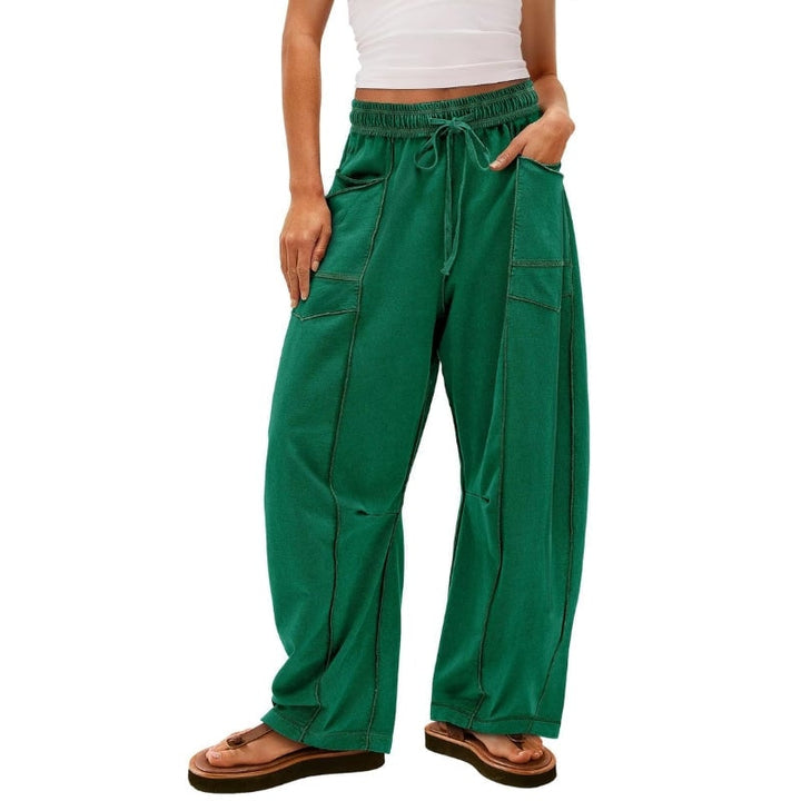 Detail shot of contrast topstitching on Harlow wide leg cargo pants