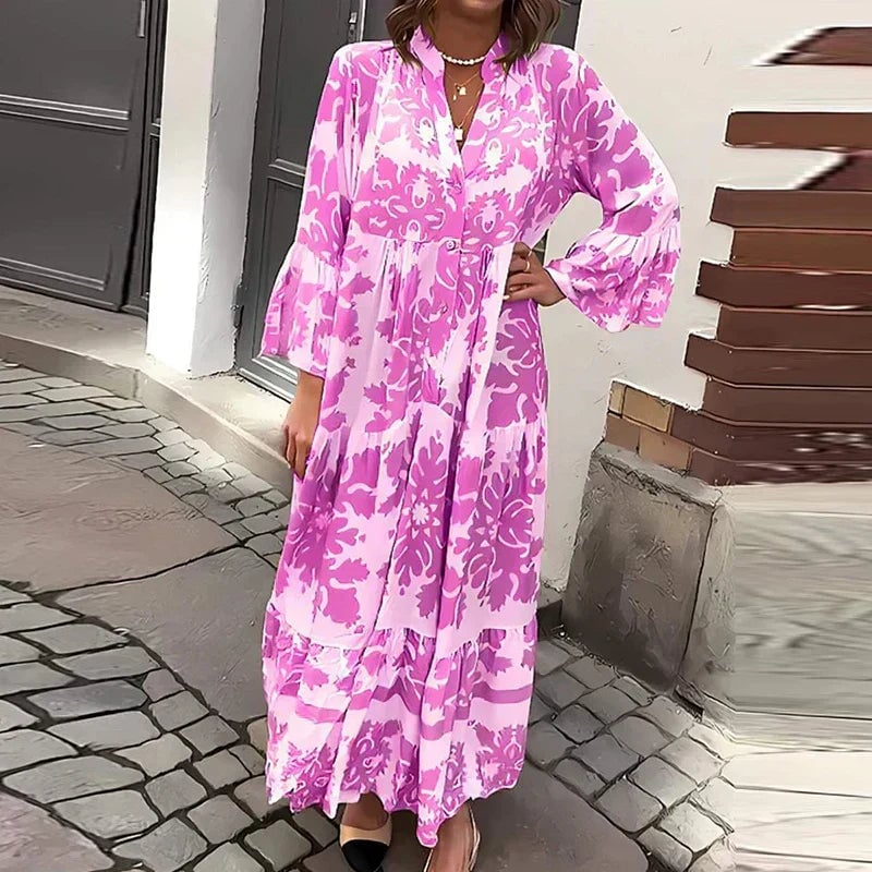 Side view of model in the Harmony boho maxi dress highlighting the flattering flowing fit