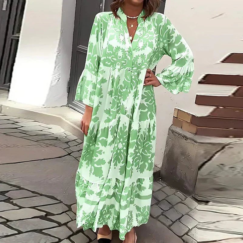 Styled flat lay of the Harmony women's printed maxi dress showing available color options