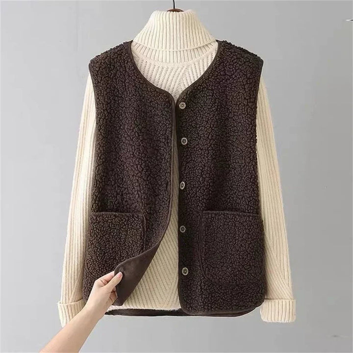 Front view of the Harper classic cardigan in brown showing open-front style