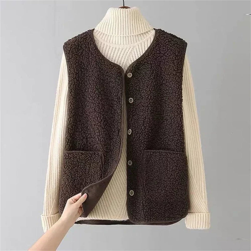 Front view of the Harper classic cardigan in brown showing open-front style