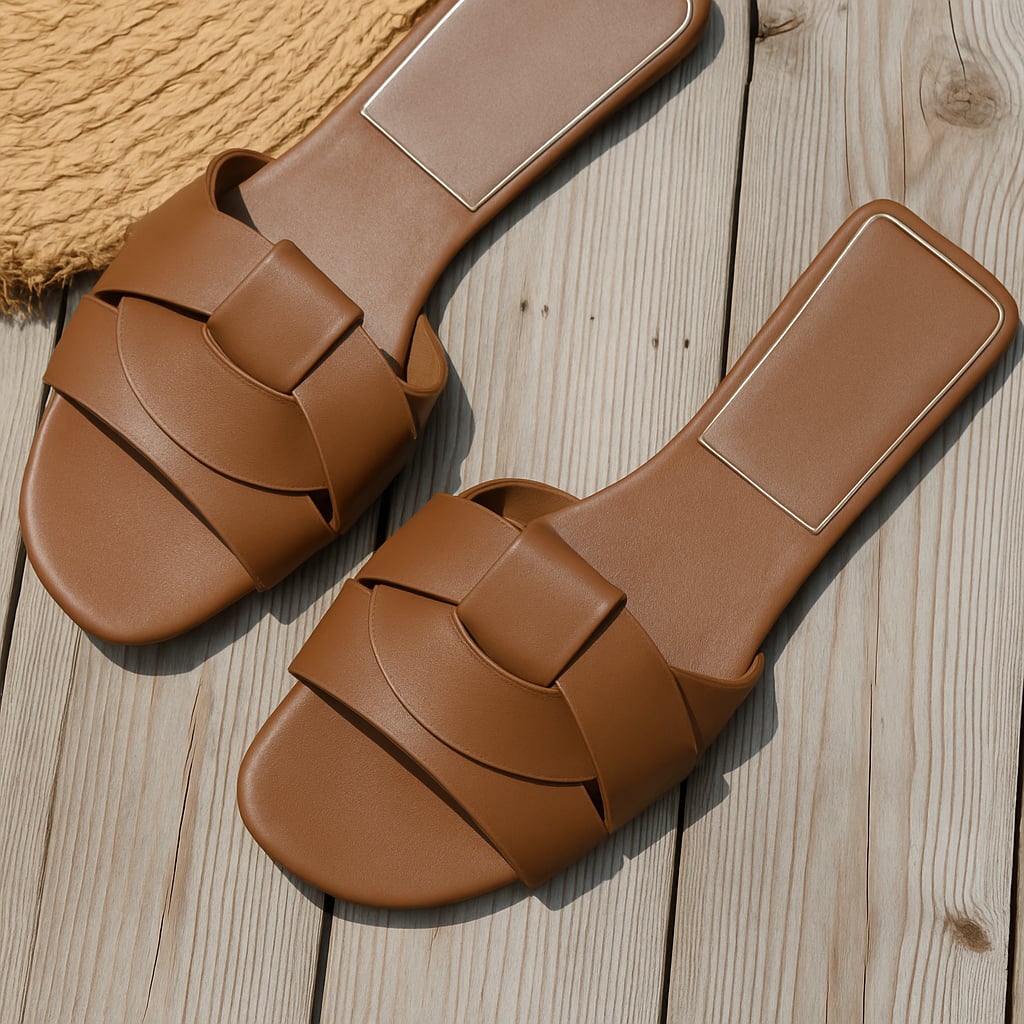 Close-up of Harper slides cushioned footbed and slip-on strap detail