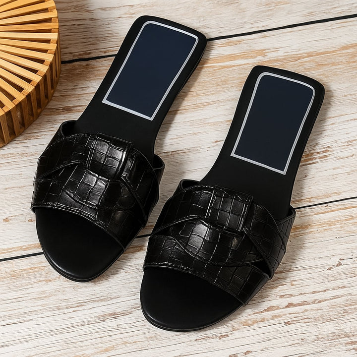 Harper women's slides styled with casual summer outfit, lifestyle shot