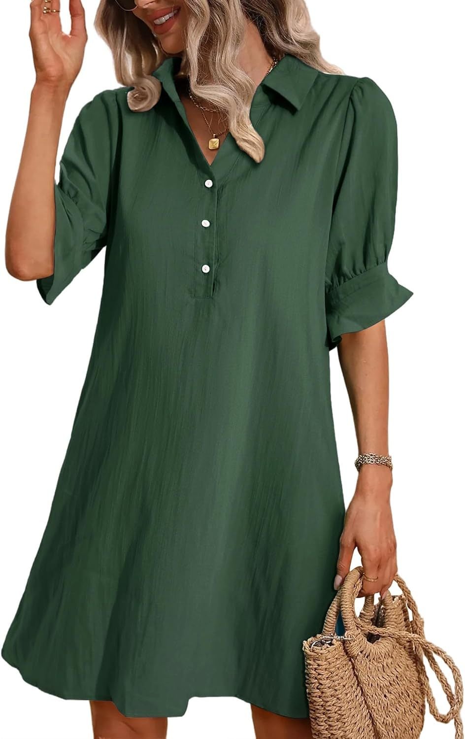 Harper shirt dress in red with partial button placket and spread collar, front view