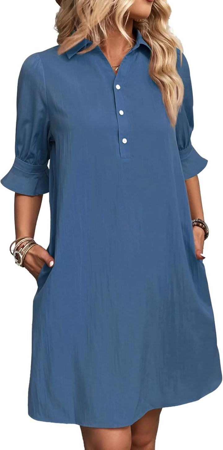 Harper shirt dress in army green showing relaxed A-line silhouette at knee length
