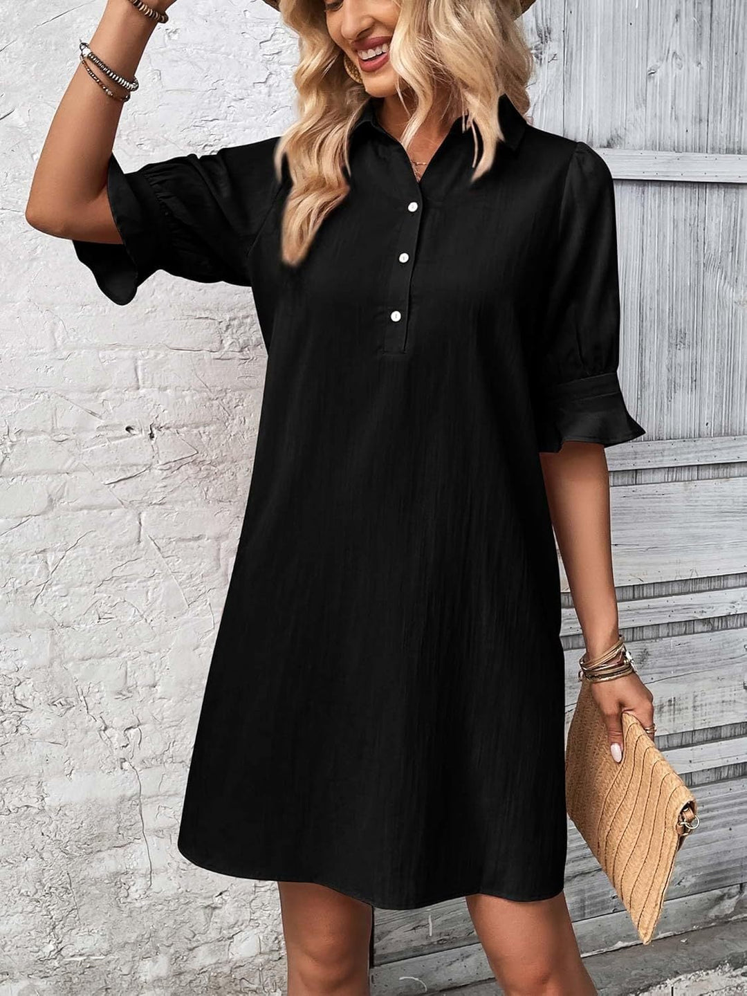 Harper shirt dress in pink, front view highlighting feminine ruffle cuff detail