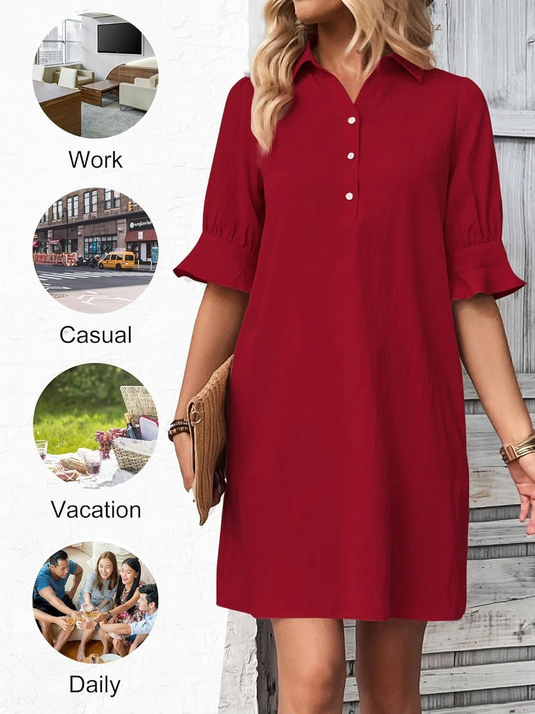 Detail shot of spread collar and button placket on the Harper shirt dress