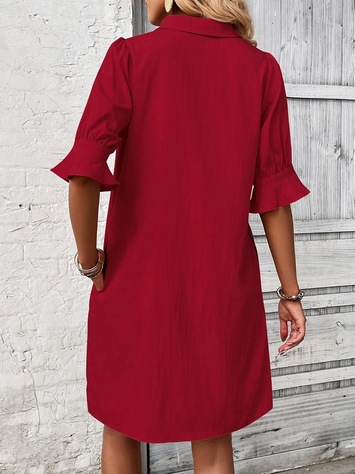 Flat lay of the Harper button-down shirt dress showing full length and sleeve detail