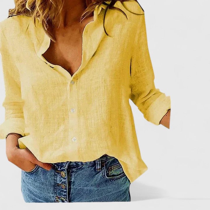 Back view of the Harper women's linen shirt showing the clean relaxed silhouette