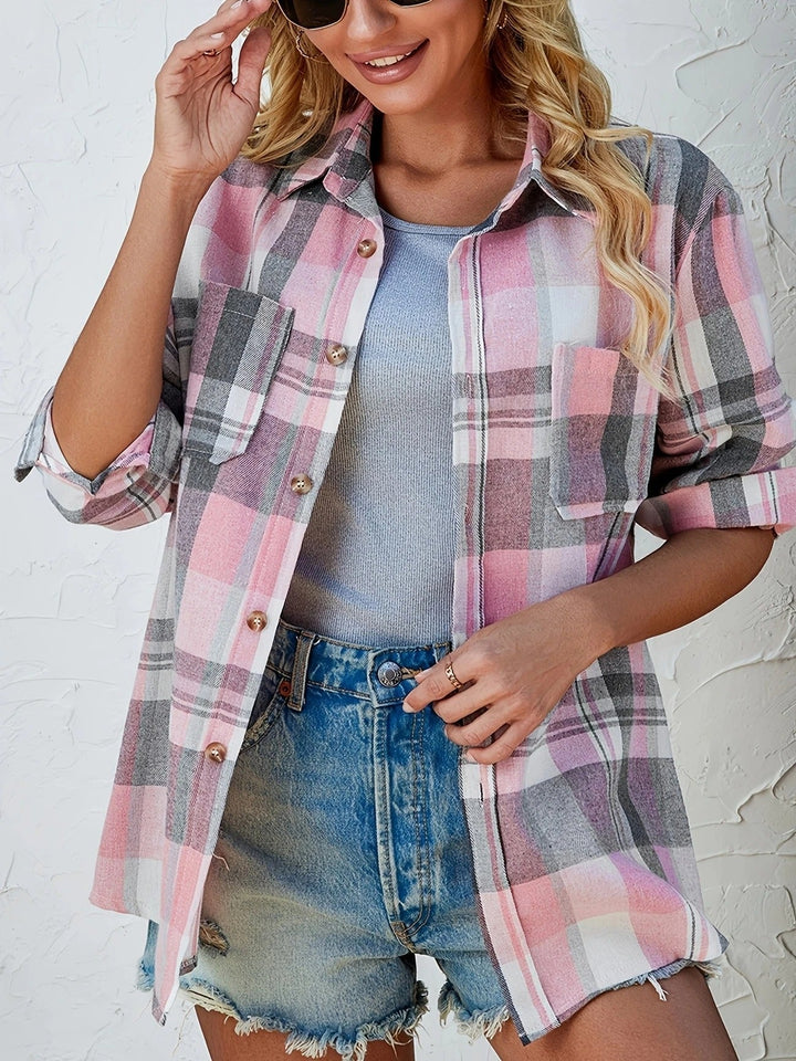 Detail shot of buttoned cuff on Harper oversized flannel shirt in pink plaid