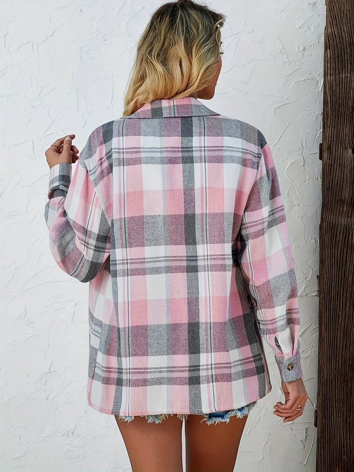 Model wearing Harper flannel shirt fully buttoned in a casual street style look