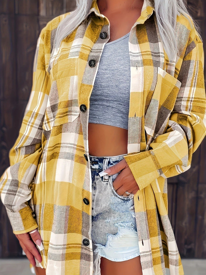 Harper oversized flannel shirt in yellow plaid colorblock pattern, front view