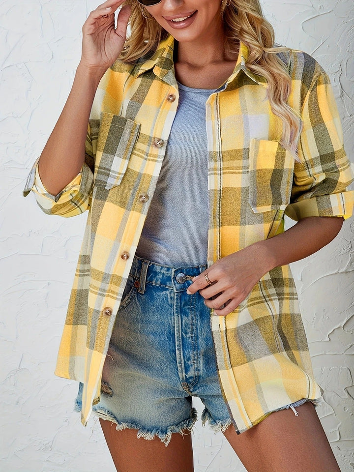 Harper oversized flannel shirt in green plaid pattern, front view