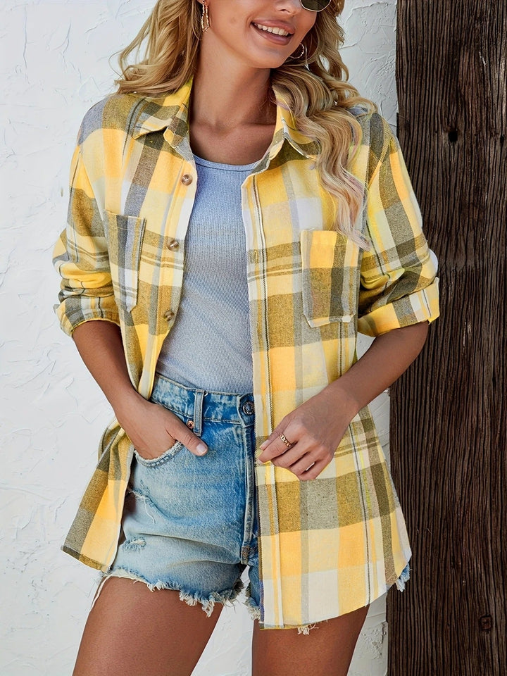 Harper oversized flannel shirt in orange plaid colorblock pattern, front view