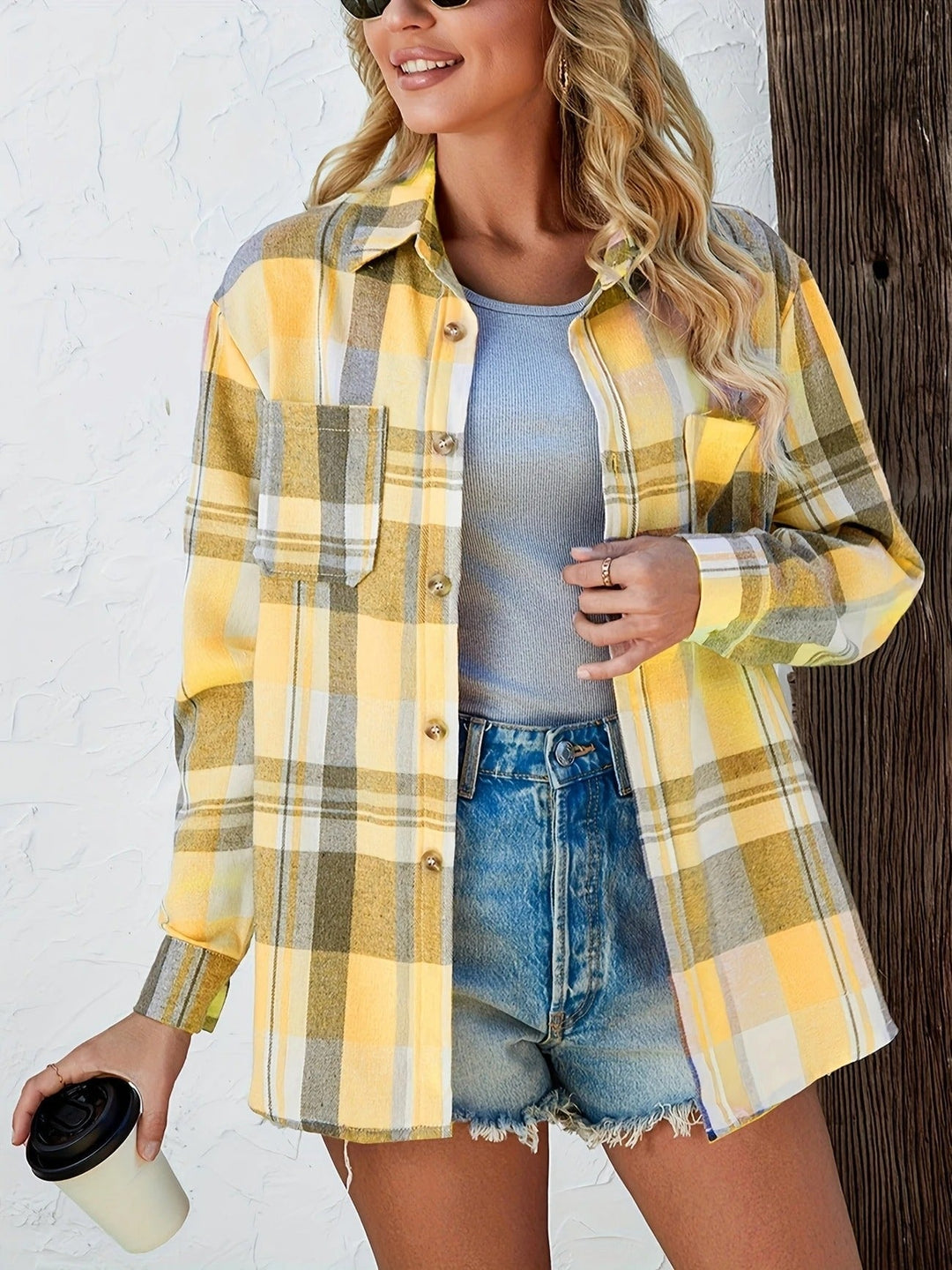 Harper oversized flannel shirt in black plaid pattern, front view