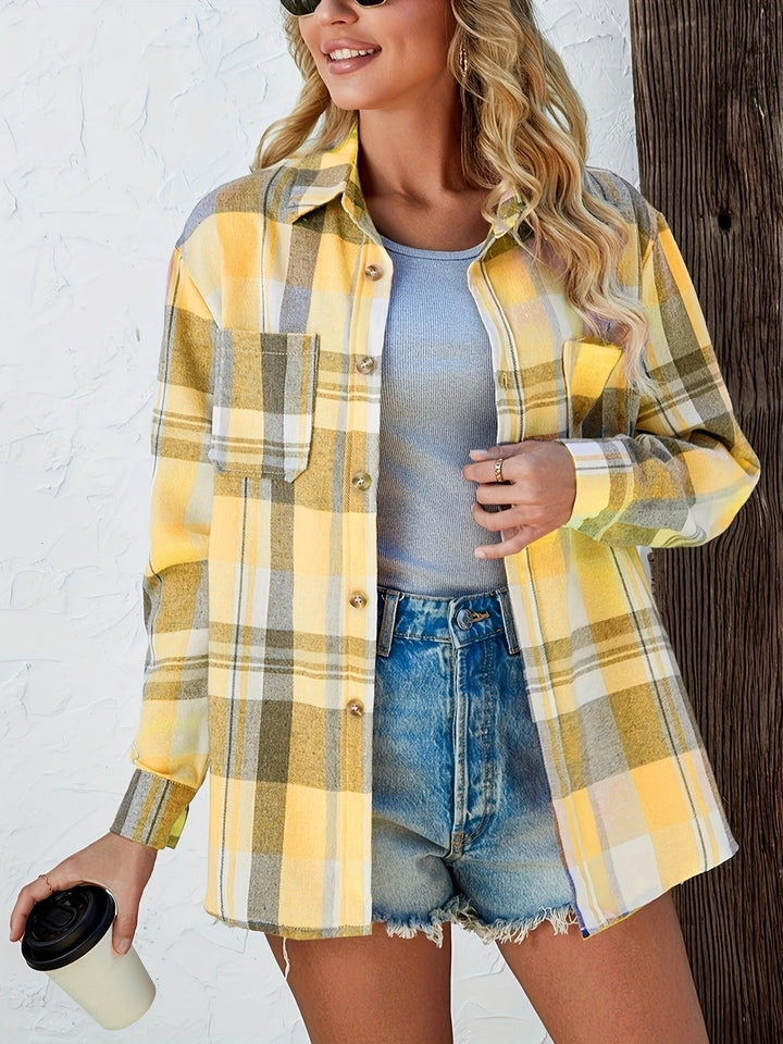 Harper oversized flannel shirt in black plaid pattern, front view