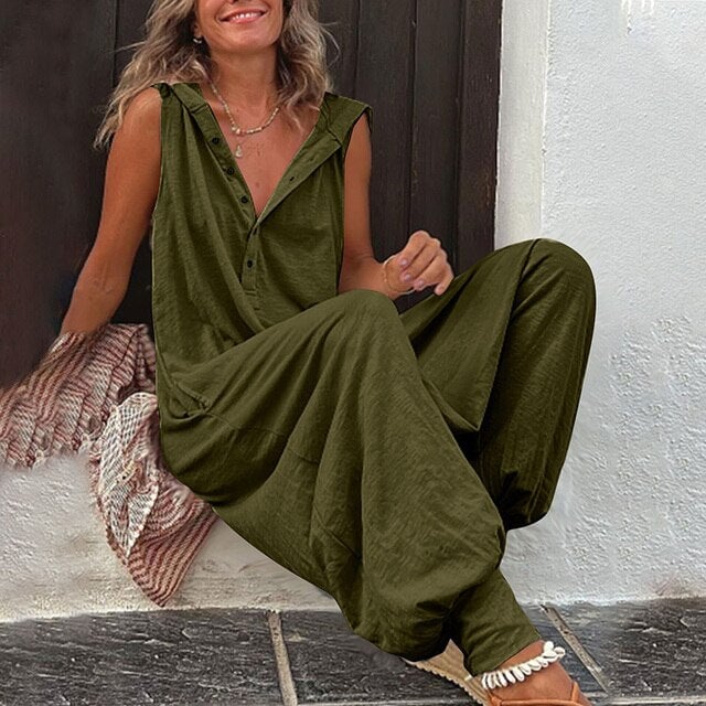 Side view of the Harper wide-leg hooded jumpsuit highlighting the relaxed silhouette