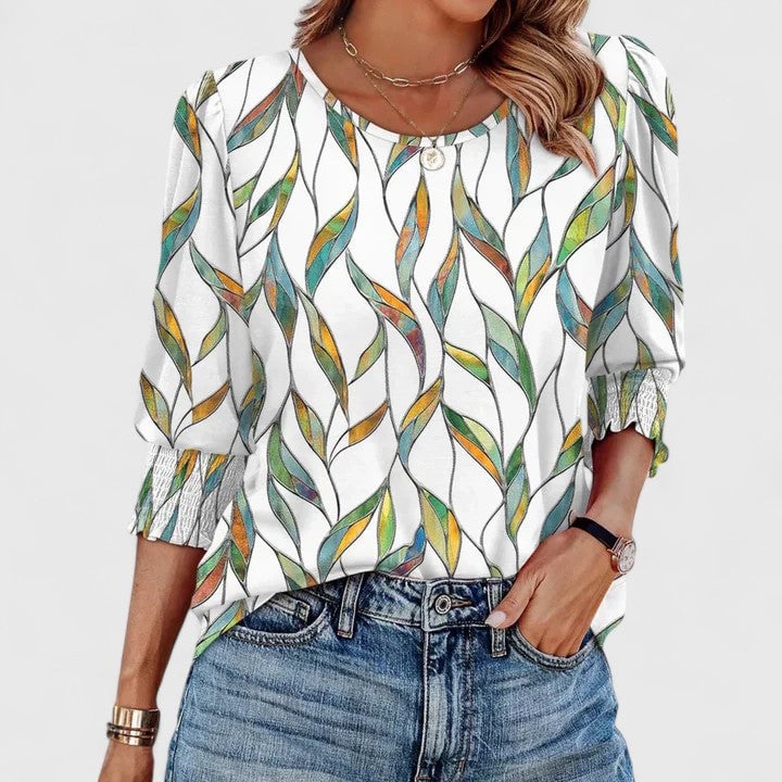 Harper top in khaki floral pattern styled casually