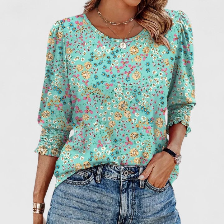 Harper top in colorful leaves print, front view