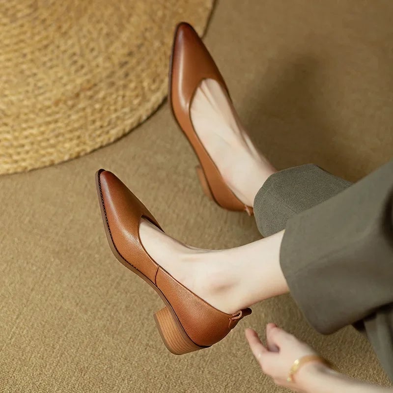 Harriet block heel pump in brown, front three-quarter view showing pointed toe