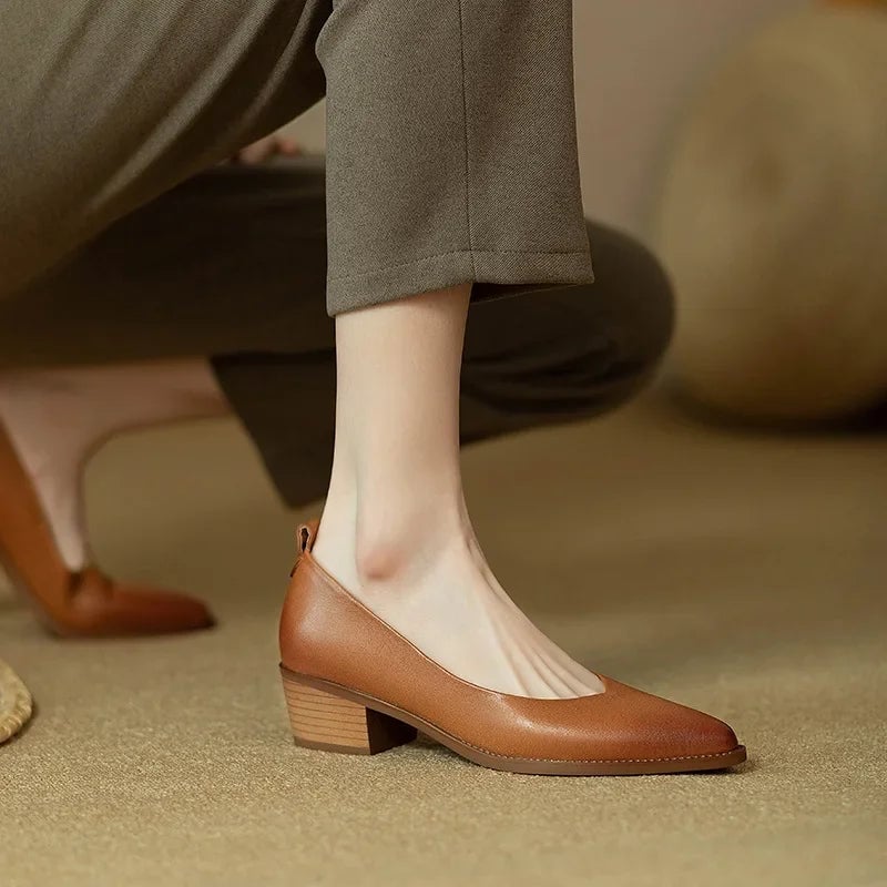 Harriet block heel pump in brown, back view with stacked heel and pull-tab detail