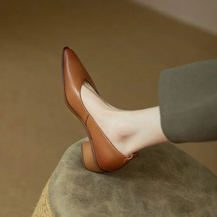 Harriet block heel pump in beige styled with tailored trousers, lifestyle shot