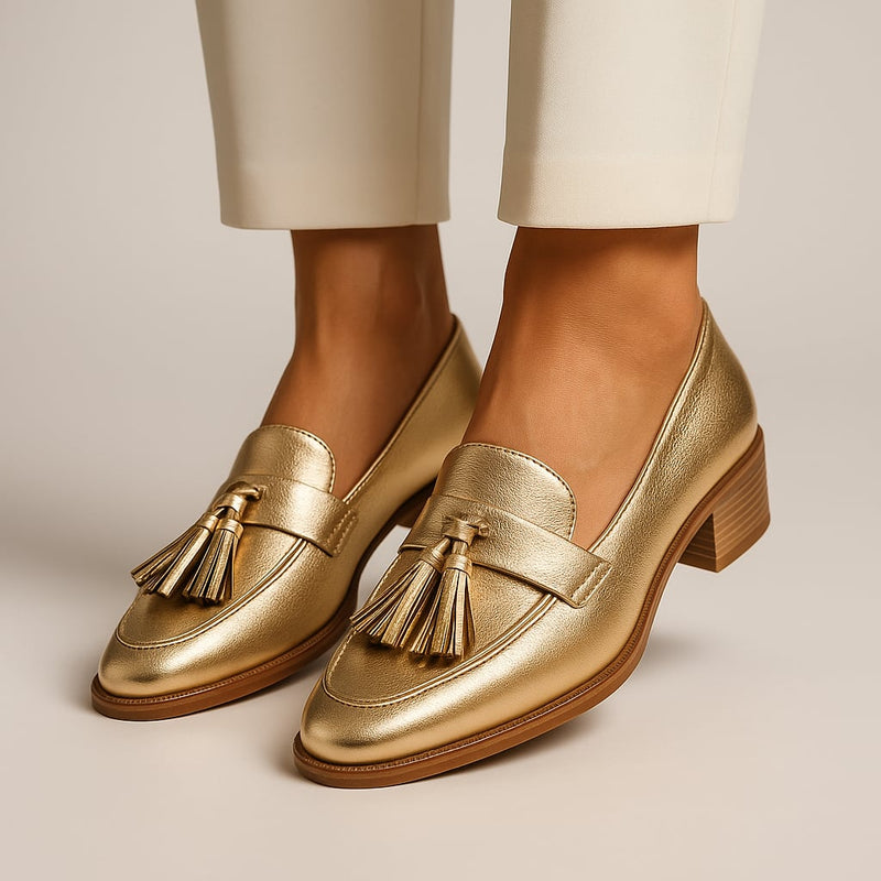 Women's Haven gold metallic slip-on loafers with cushioned insole and classic silhouette