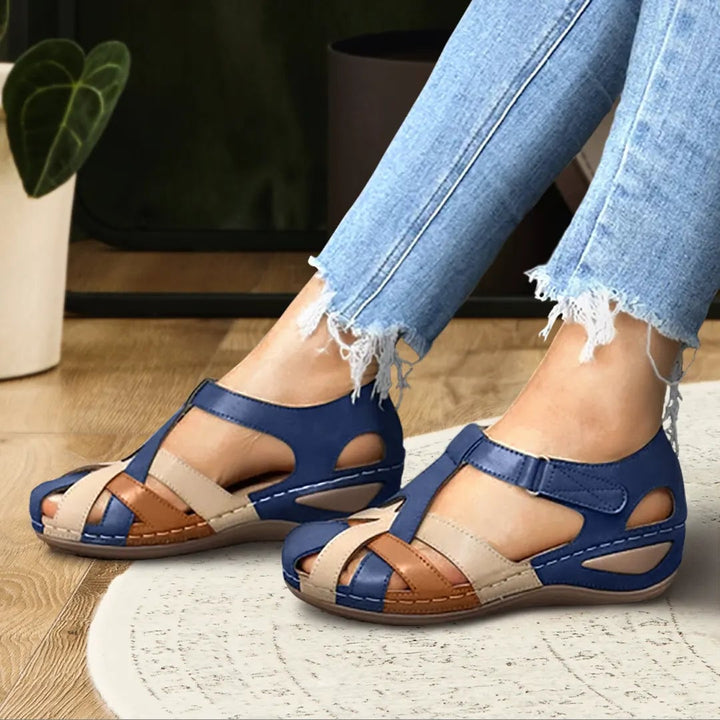 Haven women's orthopedic sandal in blue with contoured footbed and secure strap detail, front view