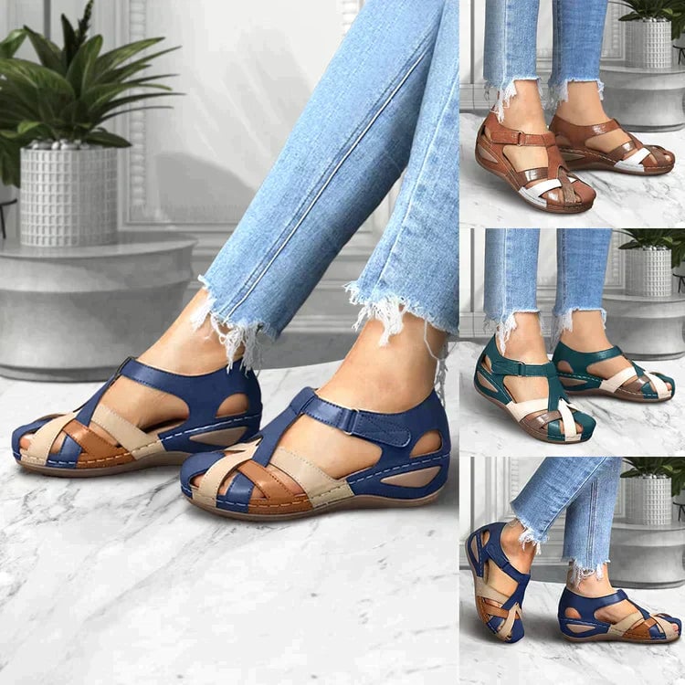 Close-up of Haven orthopedic sandal strap and cushioned insole detail in brown