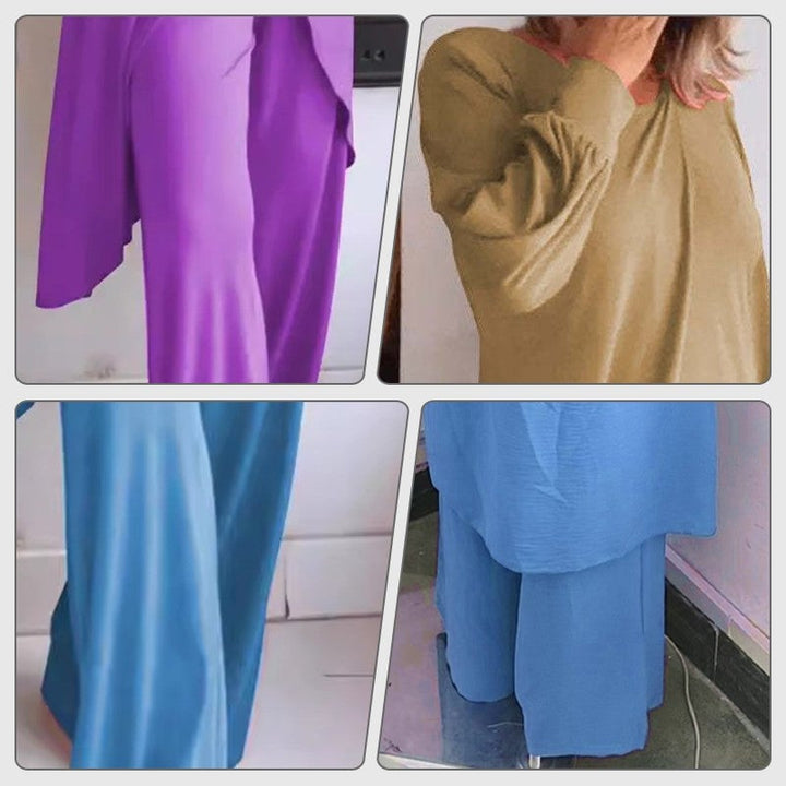 Haven two-piece set in green showing the flowing wide-leg pants and oversized tunic together