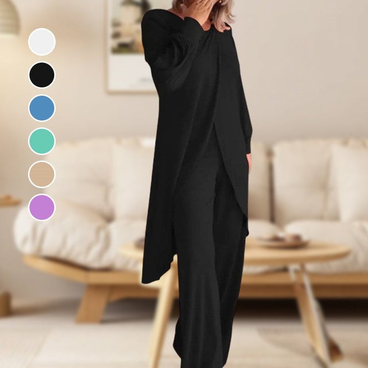 Flat lay of the Haven tunic top and wide-leg pants set showing color and silhouette details