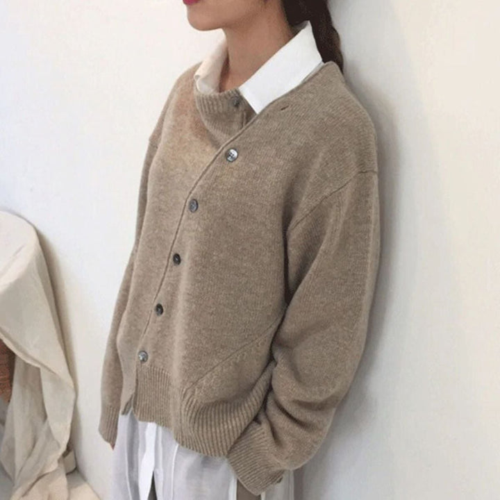 Full-length view of the Hazel modern cardigan in brown, showing the relaxed fit from front