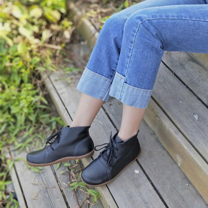 Close-up of Hazel ankle boots in black highlighting premium upper material and finish
