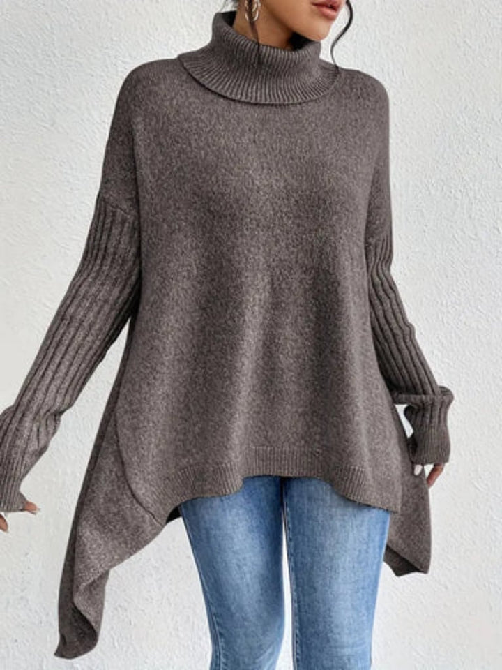 Back view of the Hazel elegant long sleeve sweater in gray showing clean, classic silhouette