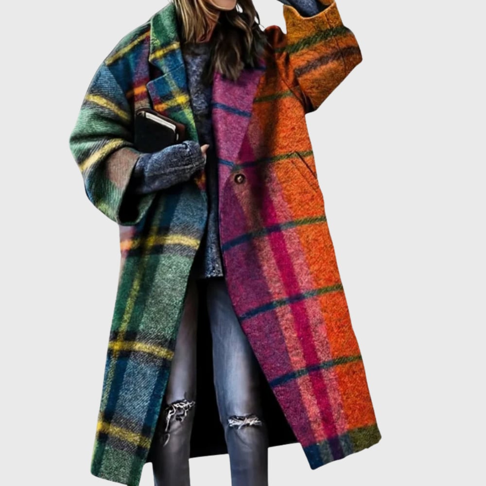 Women's elegant longline coat in multicolor print, featuring a sleek structured silhouette and secure front closure