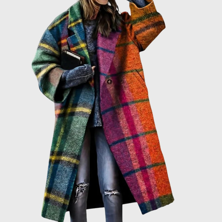 Women's elegant longline coat in multicolor print, featuring a sleek structured silhouette and secure front closure
