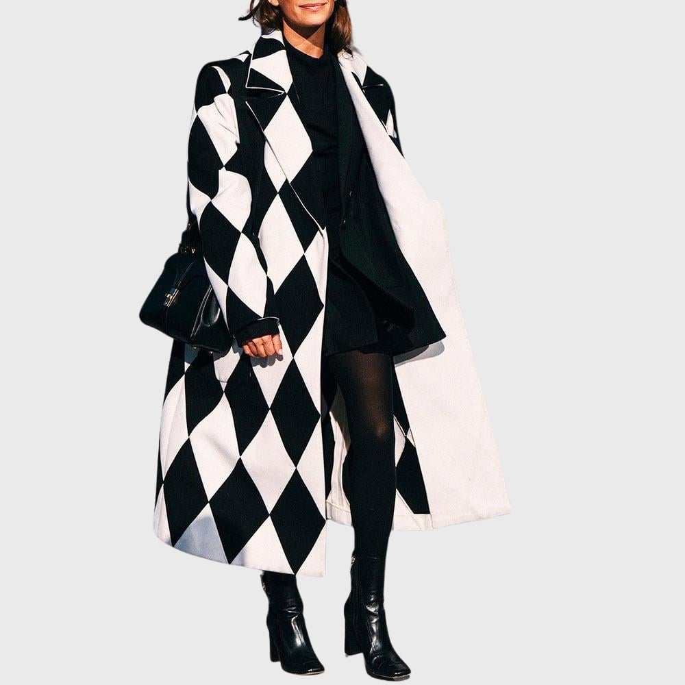 Longline coat in red female face design print, front view showing elongating silhouette