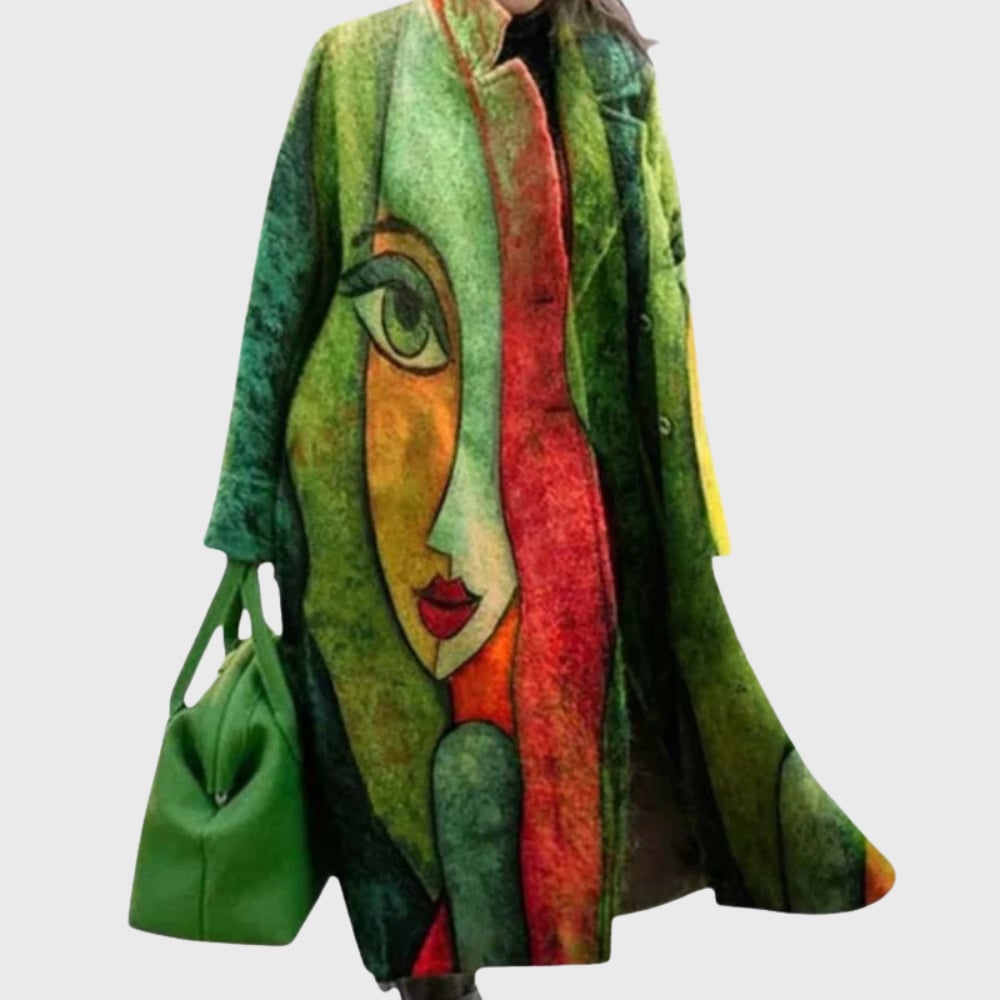 Longline coat in green female face design, highlighting versatile styling options