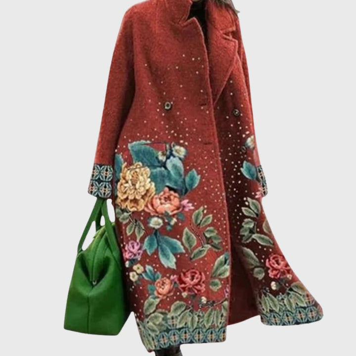 Women's elegant longline coat in brown, back or side view showing full-length cut
