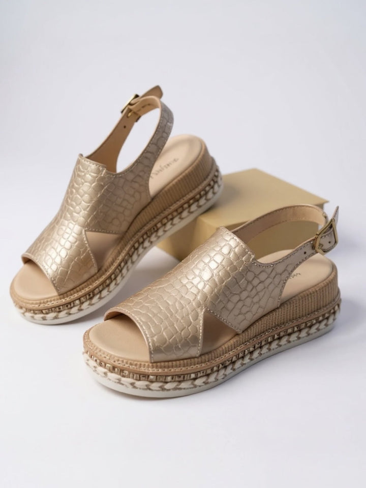 Hazel silver metallic platform sandals displayed from the front on a white background
