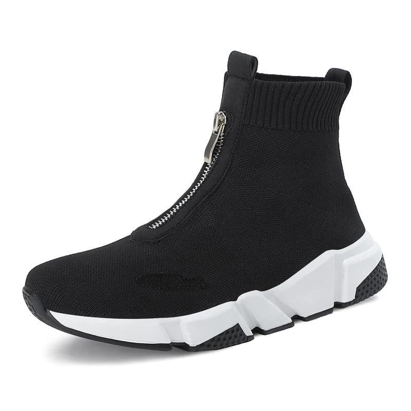 Close-up detail of the Hazel sock boot upper showing its sleek, sock-like construction in black