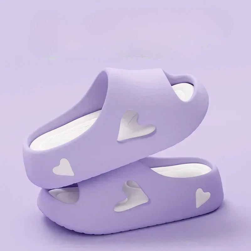 Heart flip flops in all four colors: purple, khaki, black, and white