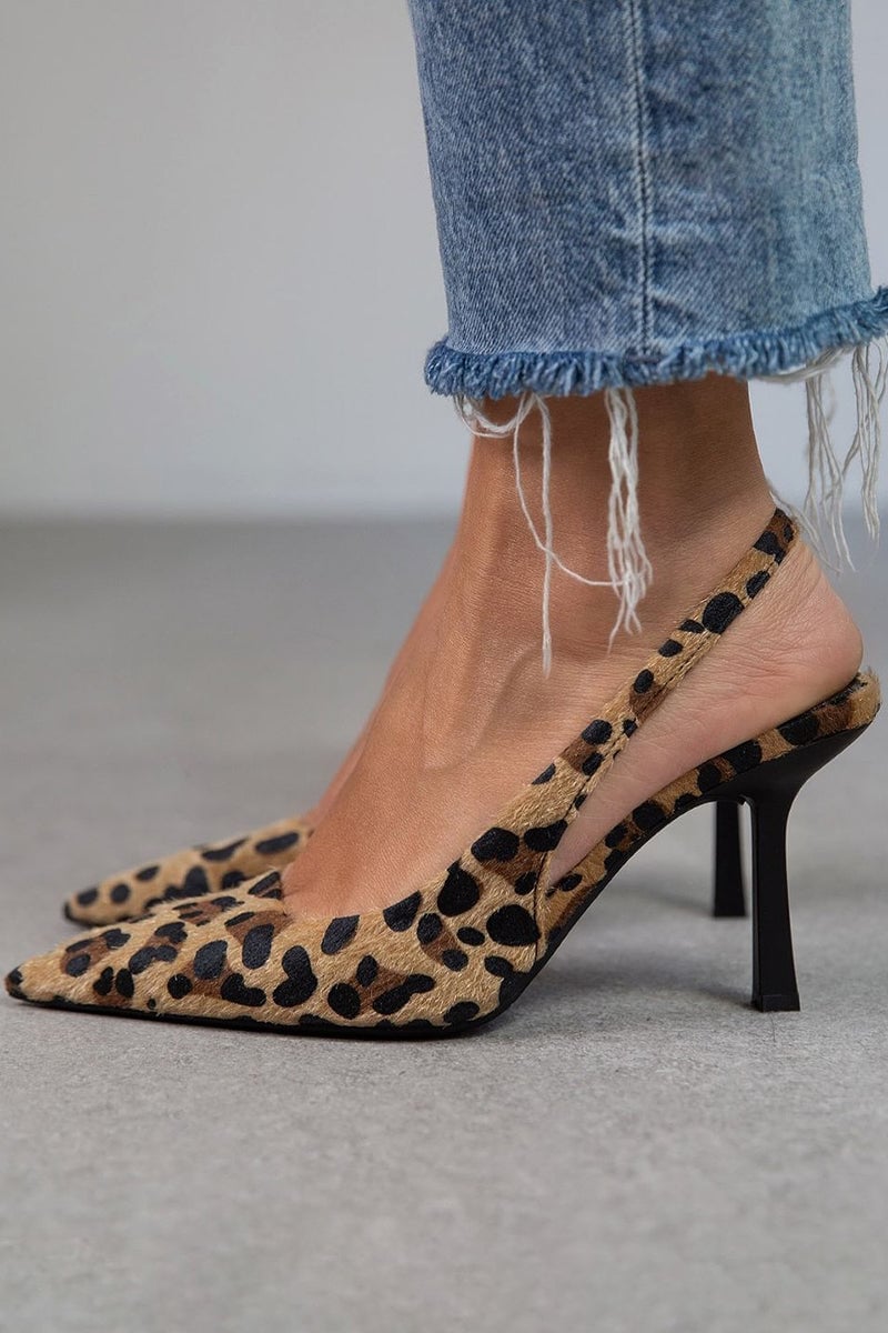 Women's khaki leopard print pointed toe sandals with balanced heel, side view