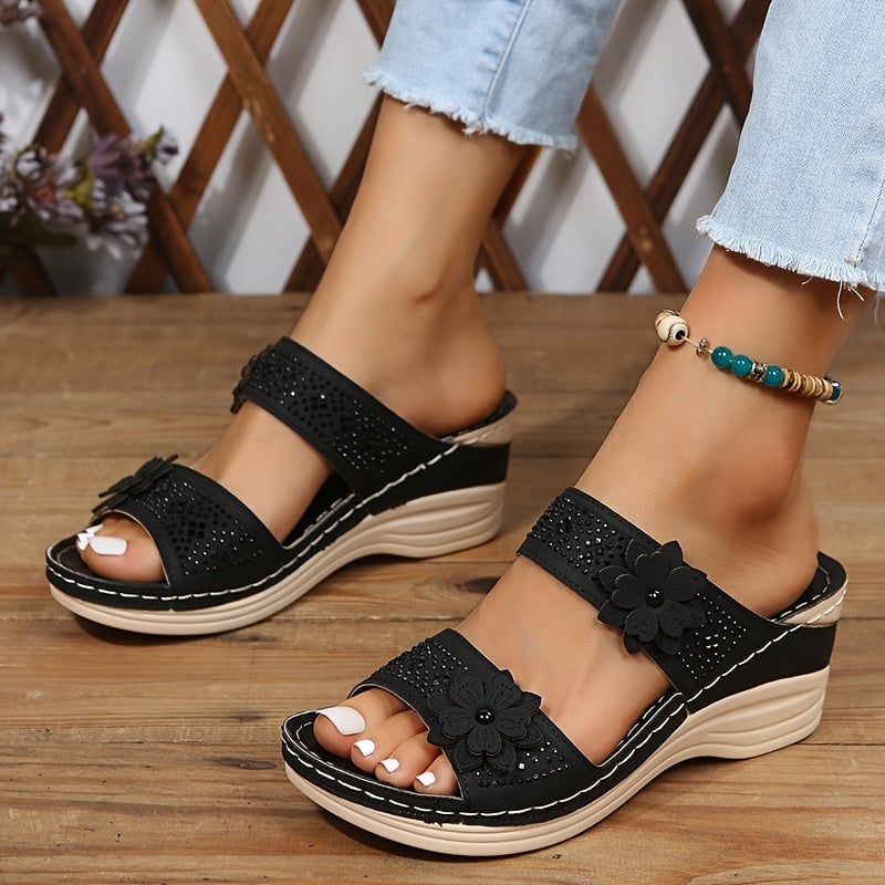 Top-down view of Heath floral wedge slides in burgundy