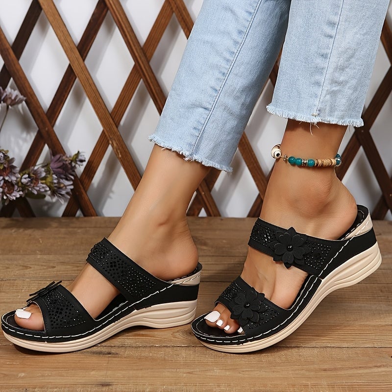 Heath wedge slides in light brown, side profile on white background
