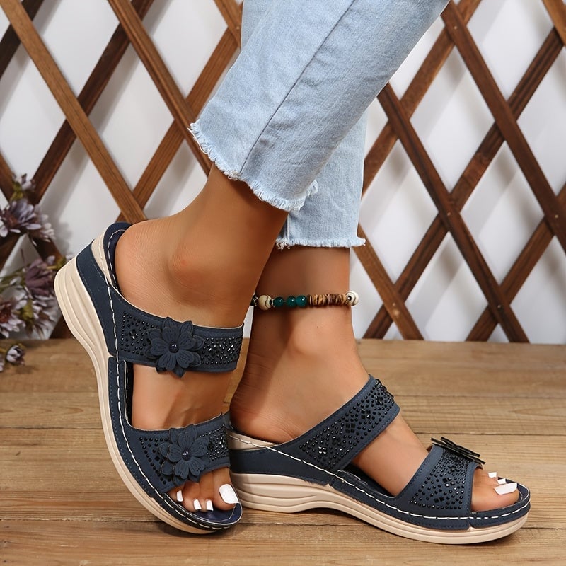 Heath wedge slides in navy blue, side profile view
