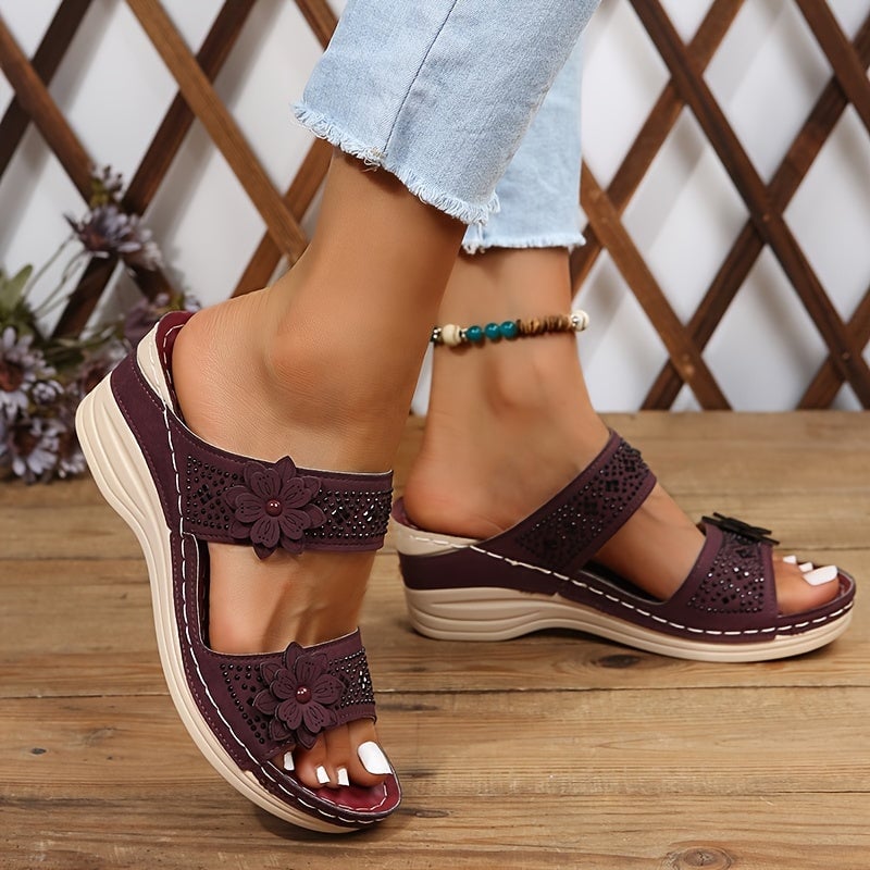 Heath floral wedge slides in all four colors arranged flat lay