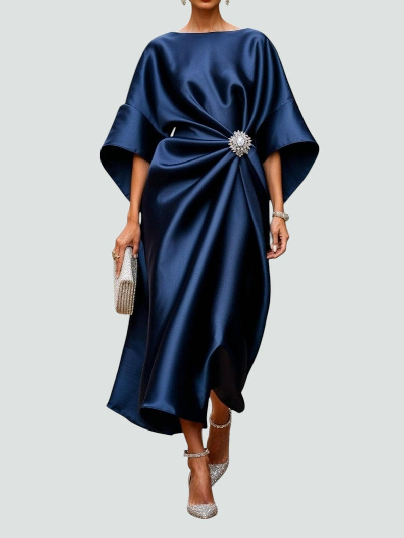 Front view of the Heather elegant long dress in Navy with a flattering full-length silhouette and subtle sheen