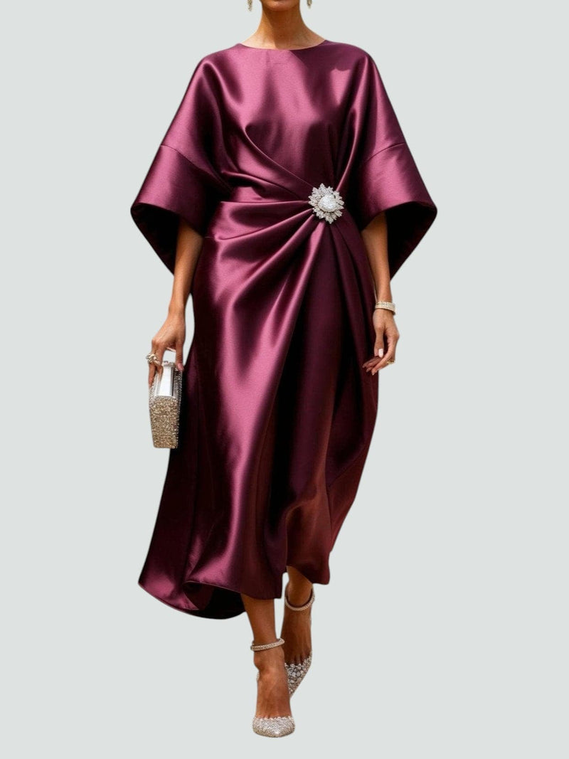 Close-up detail of the Heather long dress fabric showing its refined lustrous finish